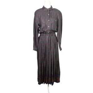 Vintage 90s Lands' End Dark Green and Red Scarf Print Maxi Shirt Dress 6